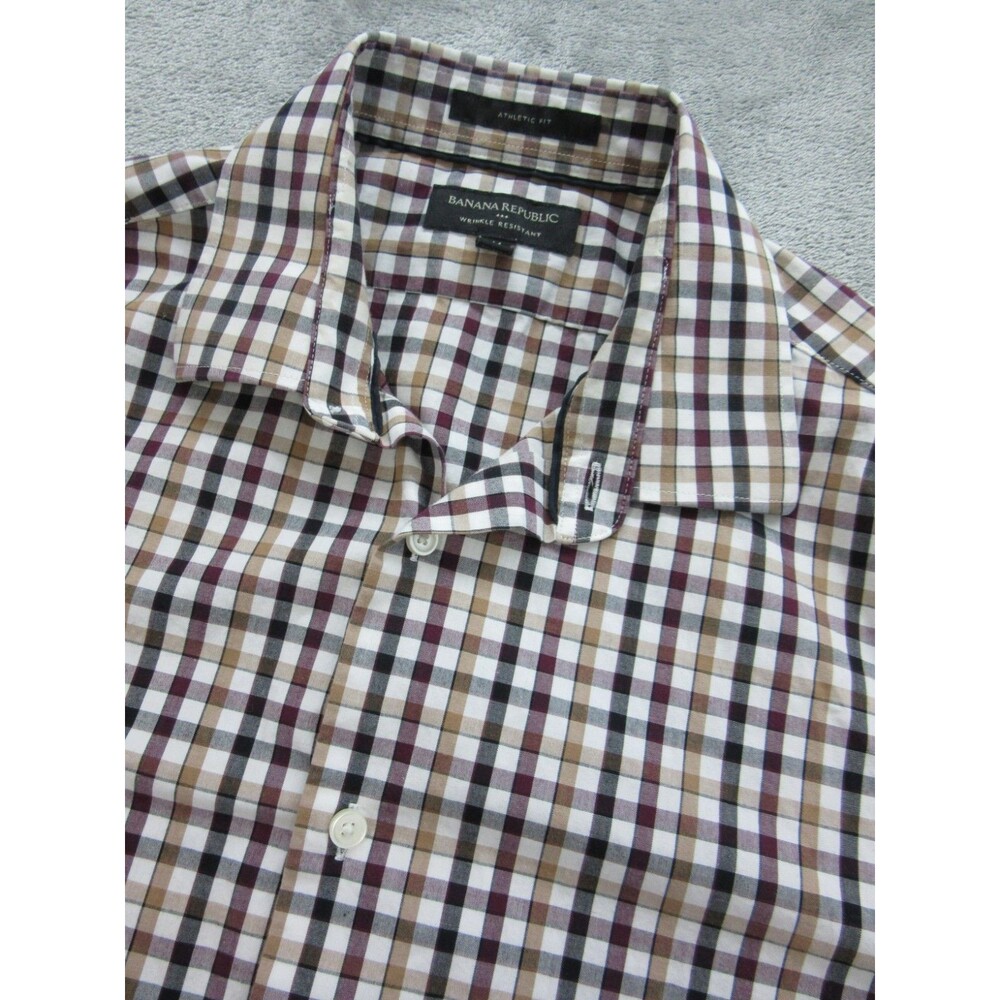 Banana Republic Shirt Mens Medium Athletic Fit Wrinkle Resistant Plaid Beige Red